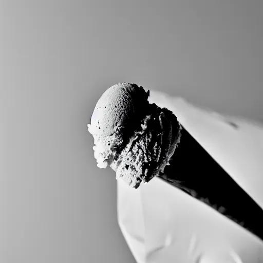 Prompt: a dramatic black-and-white macro photograph of an ice cream cone dressed in a formal tuxedo, ready for the big event on stage. Shallow depth-of-field.