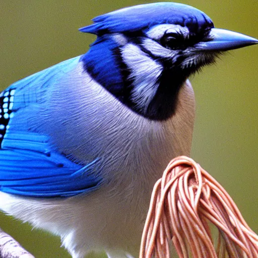 Prompt: blue jay with spaghetti in beak