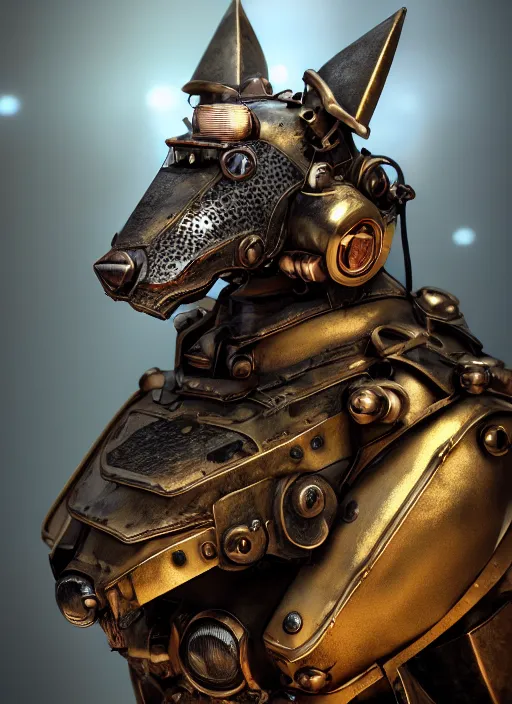 Prompt: a macro photo of amazing steampunk armored dog with ruby eyes and steam tubes legs, volumetric lightning, octane render, 4 k, hd, realistic reflections, extremely high detailed, soft lightning, trending on artstation, masterpiece, high resolution, bronze, gold, soft lightning