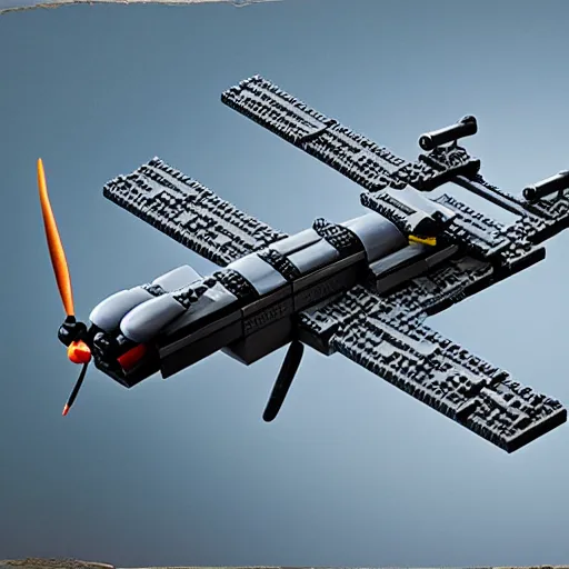 Image similar to a military drone made of legos, realistic photography, high detailed