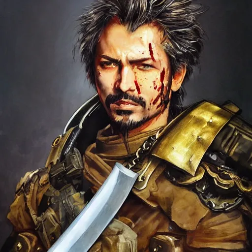 Image similar to portrait of a hero holding his sword in front of his face by yoji shinkawa, high quality, extra details, realism, ornate, colored, golden chain, blood, white skin, short hair, brown eyes, vivid, sunlight, dynamic, american man, freedom, white american soldier, painting