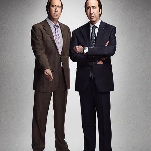 Prompt: photo of Saul Goodman standing beside Nicholas Cage, highly detailed, high quality, HD, 4k, 8k, Canon 300mm, professional photographer, 40mp, lifelike, top-rated, award winning, realistic, sharp, no blur, edited, corrected, trending