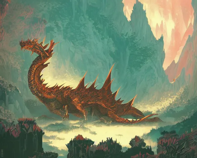 Image similar to Giant Dragon resting in a cave, natural light, dead plants and flowers, elegant, intricate, fantasy, atmospheric lighting, by Kilian Eng, anime splash art,