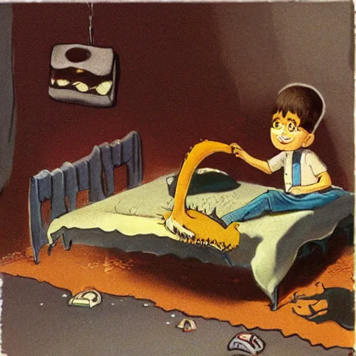 Image similar to a boy finds a small monster under his bed in the style of sven nordqvist
