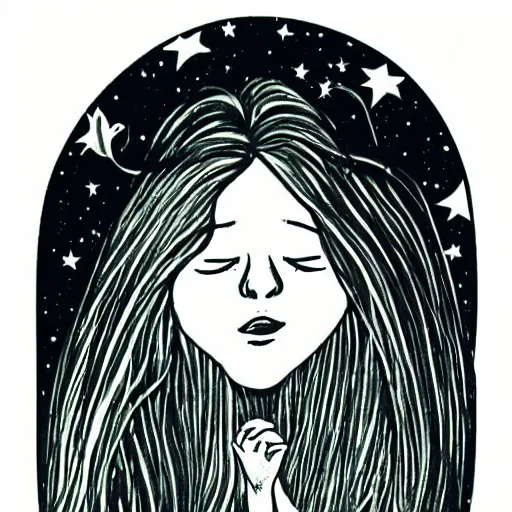 Image similar to Experimental art. A beautiful illustration of a young girl with long flowing hair, looking up at the stars. She appears to be dreaming or lost in thought. sticker illustration, pewter by Tibor Nagy exciting, rich