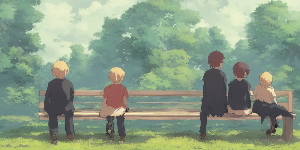 Image similar to a family with sorrow faces sitting on a bench, close up shot, anime art, Greg Rutkowski, studio ghibli, dramatic lighting