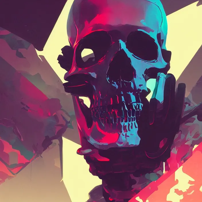 Prompt: a colorful comic noir illustration painting of a cyberpunk skull by sachin teng and sergey kolesov and ruan jia and heng z. hyper detailed. octane render. trending on artstation