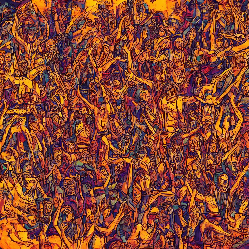 Image similar to a wooden slavic totem of piorun god surrounded by dancing people, synthwave style digital art picture