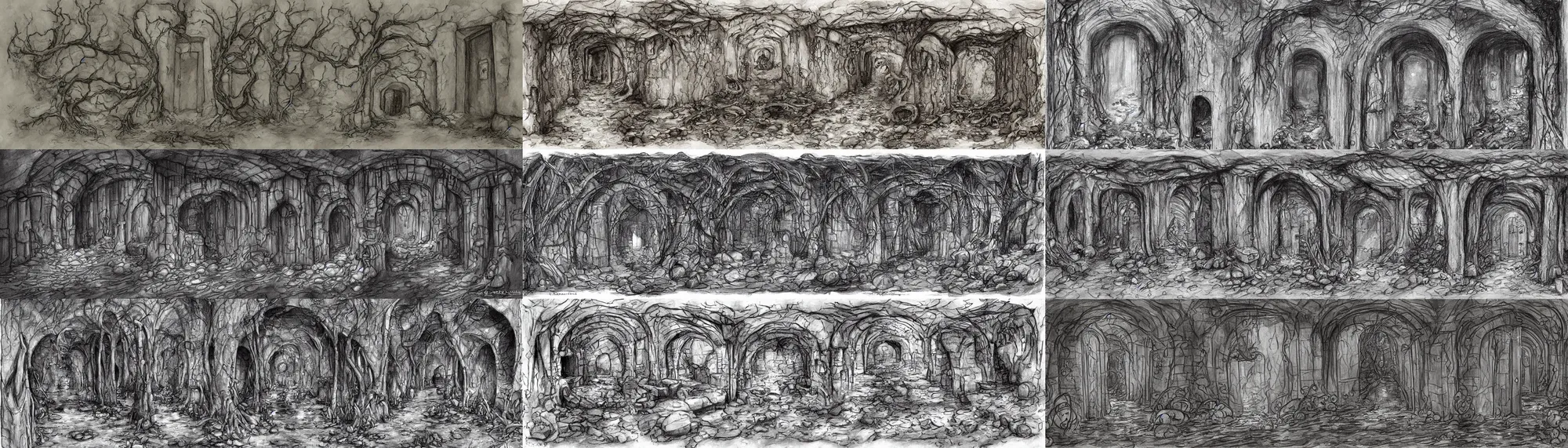 Prompt: door leads from the waist - deep flooded sewer tunnels to the basement. fantasy art, underground, stream, musty, damp, sewage, darkness, water fall, underground, catacombs, abandoned spaces, torchlight. sketch art earthdawn campaign setting. myth drannor. parlainth. roots, mud, mushrooms, d & d.