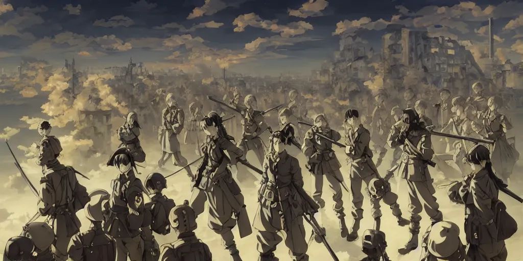 Image similar to baroque acrylic painting, anime key visual concept, brutalist fantasy world war 2 germany with anime maid soldiers, dictator fascist nationalist propaganda, rule of thirds golden ratio, fake detail, trending pixiv fanbox, style of makoto shinkai ghibli takashi takeuchi yoshiyuki sadamoto jamie wyeth james gilleard greg rutkowski chiho aoshima