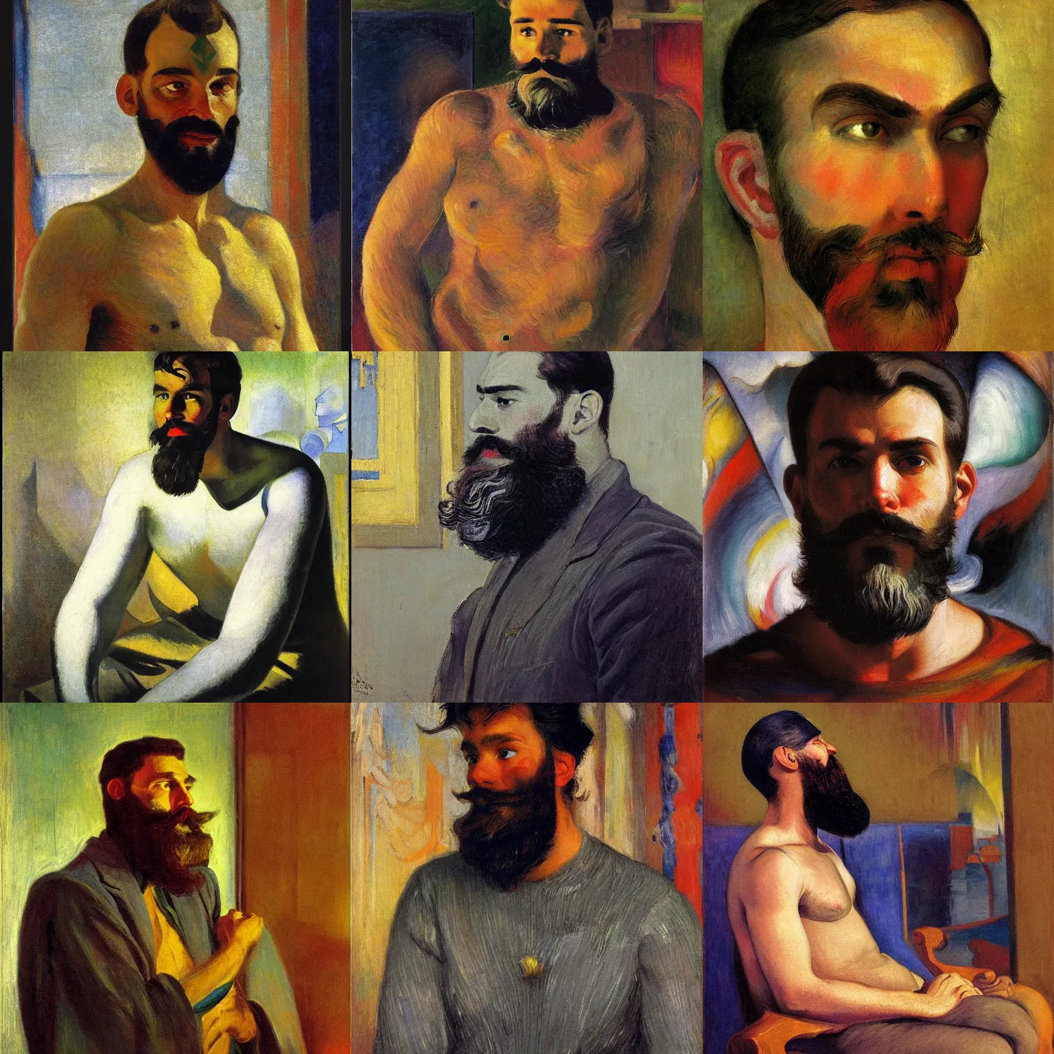 Prompt: portrait of a bearded Hiero-American young man, glowing with silver light, painting by Franz Marc, by Jean-Léon Gérôme, by Winsor McCay, today's featured photograph, 16K