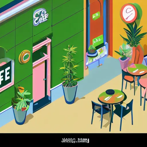 Prompt: isometric cute cartoon illustration style cafe australian, decorated with cute cannabis pot plants 🪴 utopian australiana simple frontage, poster, beautiful composition pastel palette by will barnet, digital art, hyperrealistic, sharp detailed soft, render cartoon by pixar