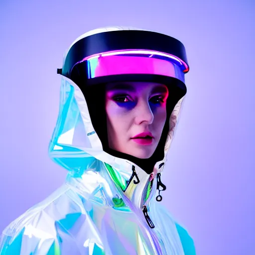 Image similar to an ultra high definition professional studio quality photograph of an artificial celebrity cyberpunk pop star wearing a transparent iridescent perspex pastel coloured face visor and matching raincoat on white coat hook in an icelandic black rock environment. dramatic lighting. volumetric shadows. light rays