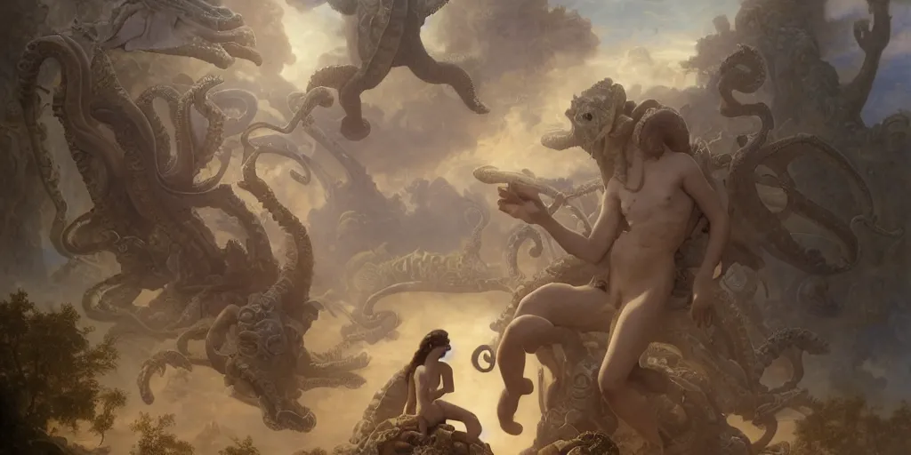 Image similar to Fantasy fairytale story, Great Leviathan Turtle, cephalopod, Cthulhu Squid, Mysterious Island, center Universe, accompany hybrid, Mystical Valkyrie Cyborg, Anubis Reptilian, Atlantean Warrior, intense fantasy atmospheric lighting, hyperrealistic, William-Adolphe Bouguereau, François Boucher, Jessica Rossier, Michael Cheval, michael whelan, Cozy, hot springs hidden Cave, Forest, candlelight, natural light, lush plants and flowers, Spectacular Mountains, bright clouds, luminous stellar sky, outer worlds, Solar Flare Unreal Engine, HD,