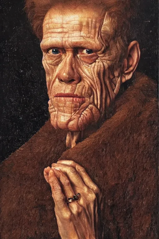 Image similar to portrait of willem dafoe with too many face wrinkles, oil painting by jan van eyck, northern renaissance art, oil on canvas, wet - on - wet technique, realistic, expressive emotions, intricate textures, illusionistic detail