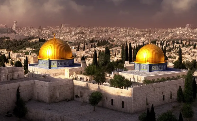 Image similar to a beautiful photo of jerusalem, hyper realistic, natural light, concept art, cozy atmospheric and cinematic lighting