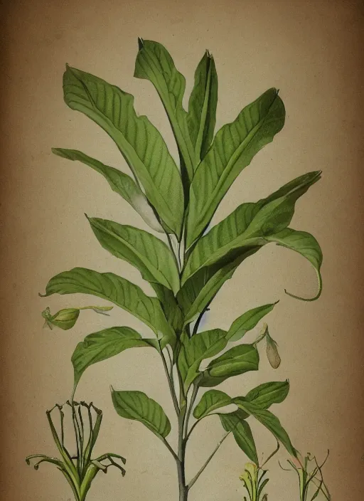 Prompt: fantasy scientific botanical illustration of a large, tall, green plant that walks around with thin human legs