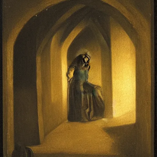 Prompt: figure looking through a wide window, dark medieval hall, night