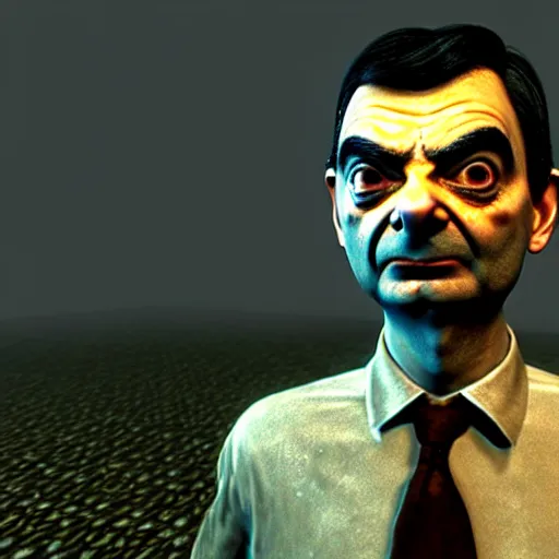 Prompt: mr. bean in silent hill. unreal engine, source engine, psx, playstation