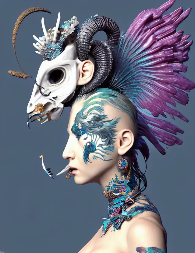 Image similar to 3 d goddess close - up profile portrait russian punk with mohawk with ram skull. beautiful detailed japanese crow kitsune mask and clasical japanese kimono. betta fish, jellyfish phoenix, bio luminescent, plasma, ice, water, wind, creature, artwork by tooth wu and wlop and beeple and greg rutkowski