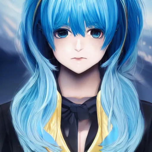 Image similar to profile shot of rimuru tempest looking forward, sky blue hair, ponytail, long bangs, gold eyes, black jacket with white stripes and a high collar, highly detailed, roman city, concept art, shutterstock, cinematic, wlop | artgerm, pixiv, ilya kuvshinov, greg rutkowski, yoshitaka amano