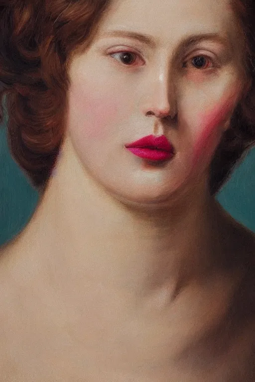 Prompt: hyperrealism, close-up portrait of woman with smeared lipstick, soft light, in style of classicism