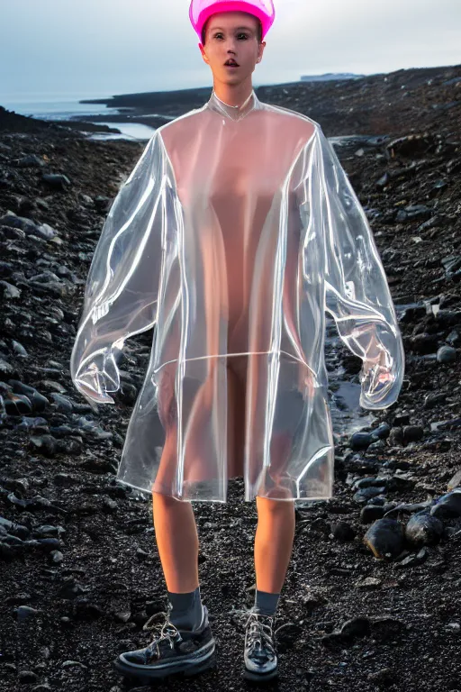 Image similar to an ultra high definition professional high fashion portrait studio full length photograph of a model wearing a transparent pearlescent raincoat and neon visor in an icelandic black rock environment at dawn. no artefacts. extremely detailed. stark. refraction. shallow depth of field. volumetric light and shadow. ray tracing. light rays.