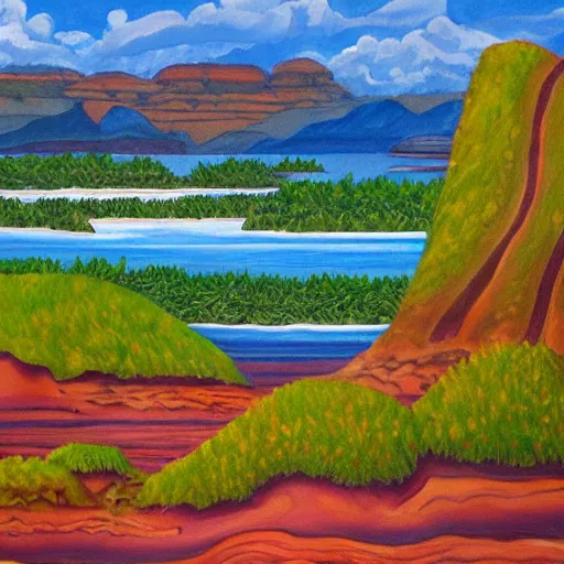 Prompt: painting of a lush natural scene on an alien planet by shonto begay. beautiful landscape. weird vegetation. cliffs and water.