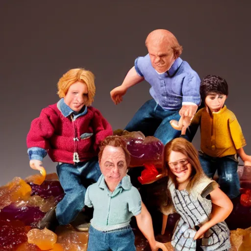 Prompt: photo of several realistic miniature humans with various occupations, they are all living inside a 1970s jellied salad. You can see the people through the jelly. Studio lighting, backlit.