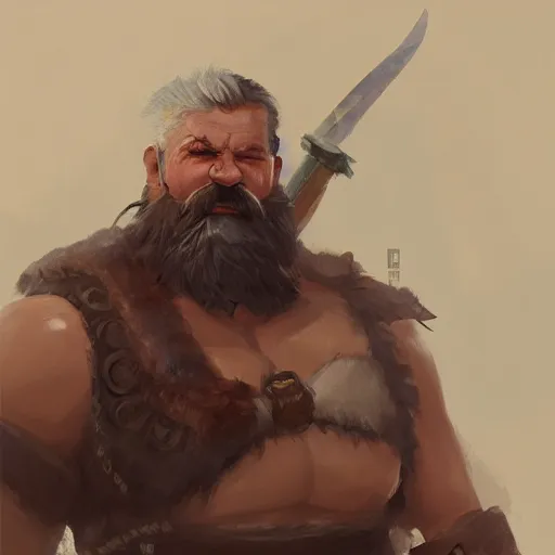 Prompt: portrait old barbarian warrior with big trucker mustache and short hair, 8 k, trending on art station, by tooth wu and greg rutkowski