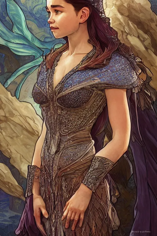 Image similar to Emilia Clarke wearing Kida's outfit from Atlantis, cute, fantasy, intricate, elegant, highly detailed, digital painting, 4k, HDR, concept art, smooth, sharp focus, illustration, art by artgerm and H R Giger and alphonse mucha