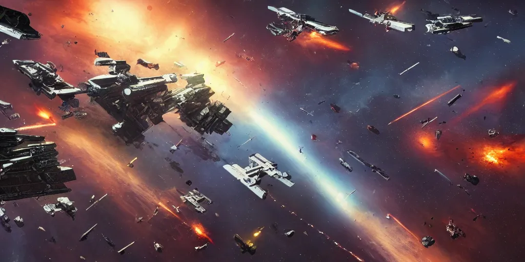 Prompt: wide shot of a violent space battle, incredibly detailed, stunning composition