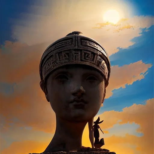 Prompt: tiny greek ancient woman in steel helmet standing on a giant greek ancient bearded man head, late afternoon light, greek temple of olympus glory island, wispy clouds in a blue sky, by frank lloyd wright and greg rutkowski and ruan jia