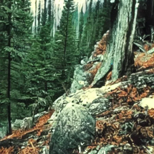 Image similar to A screen capture of found footage video left behind by a missing hiker in 1986.