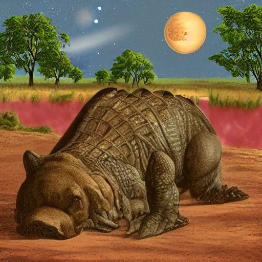 Image similar to digital art, farmer recollecting planets for a big crocodile that is waiting to eat them with a pink bib of a bear