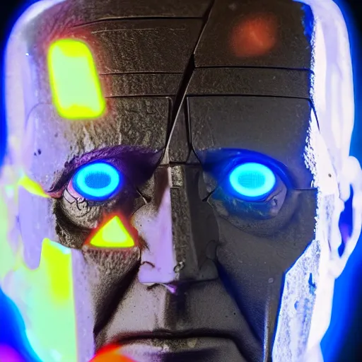 Image similar to portrait of basalt robot face, joe biden, iridescent colors, faceted reflections, angry looking at camera, lasers shooting out of eyes, outdoor, black sky, 8 k, realistic, depth of field, highly detailed, award winning photography.