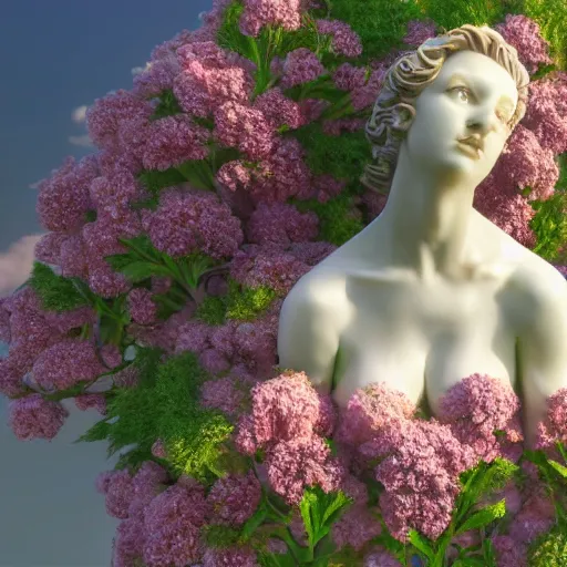 Prompt: a marble statue covered in flowers, full frame, cinematic light, 8k, unreal engine,