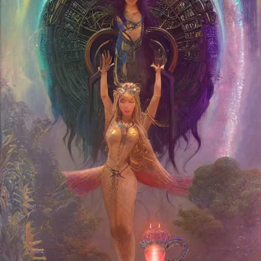 Image similar to techno mystic goddess princess intergalactica, goddess inanna, ashteroth, with aqua neon rapunzel dreadlocks, mami wata, detailed, by gaston bussiere, bayard wu, greg rutkowski, h. r. giger, greg rutkowski, sandro botticelli, masterpiece, sharp focus,