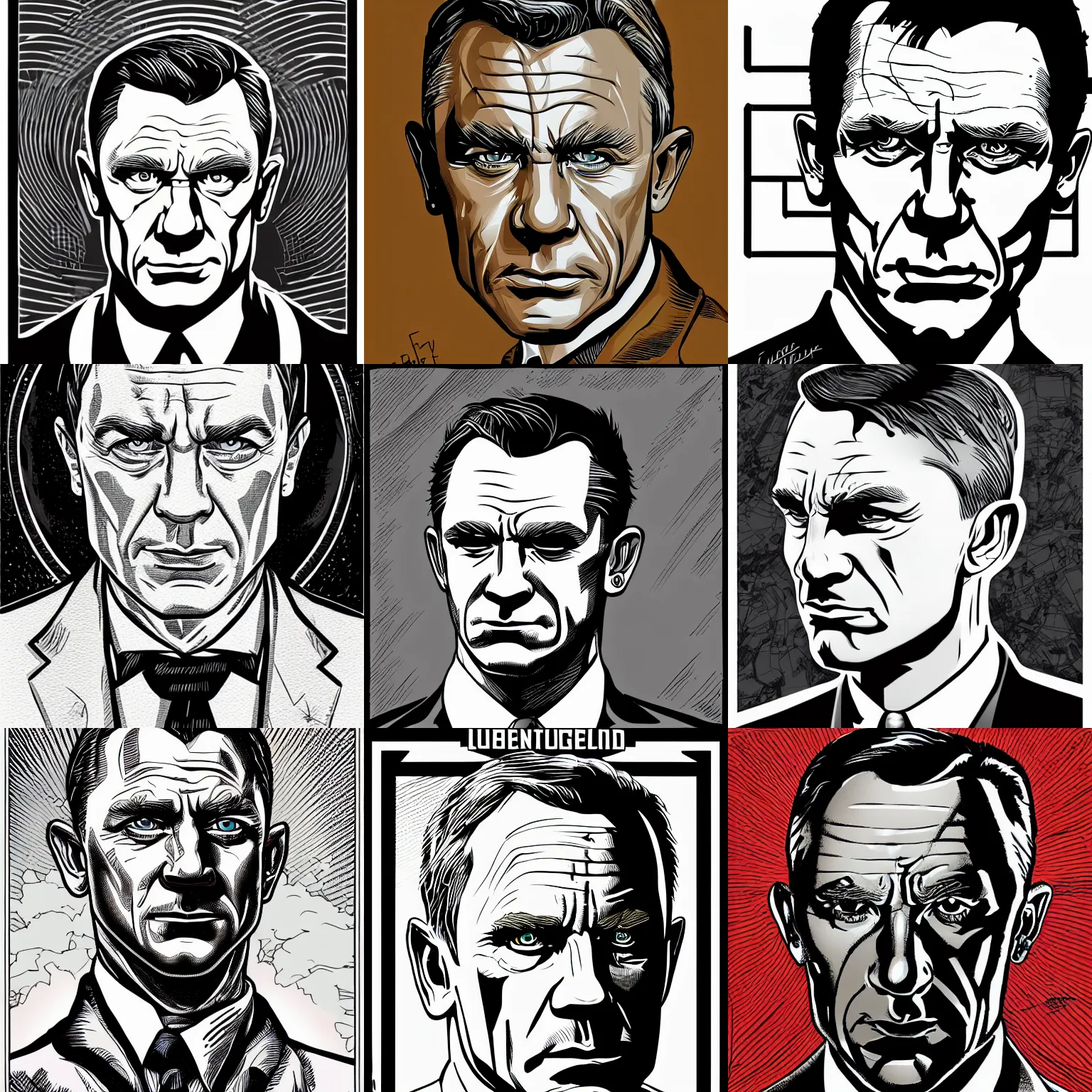 Prompt: centered cell shaded! head portrait of james bond llustration, art by laurie greasley