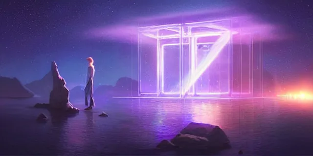 Image similar to beautiful glowing cubes all interconnected to each other with light beams, atmospheric lighting, intricate, volumetric lighting, beautiful, sharp focus, ultra detailed, in the art style of bowater, charlie, brom, gerald, lake baikal in the background, astrophotography