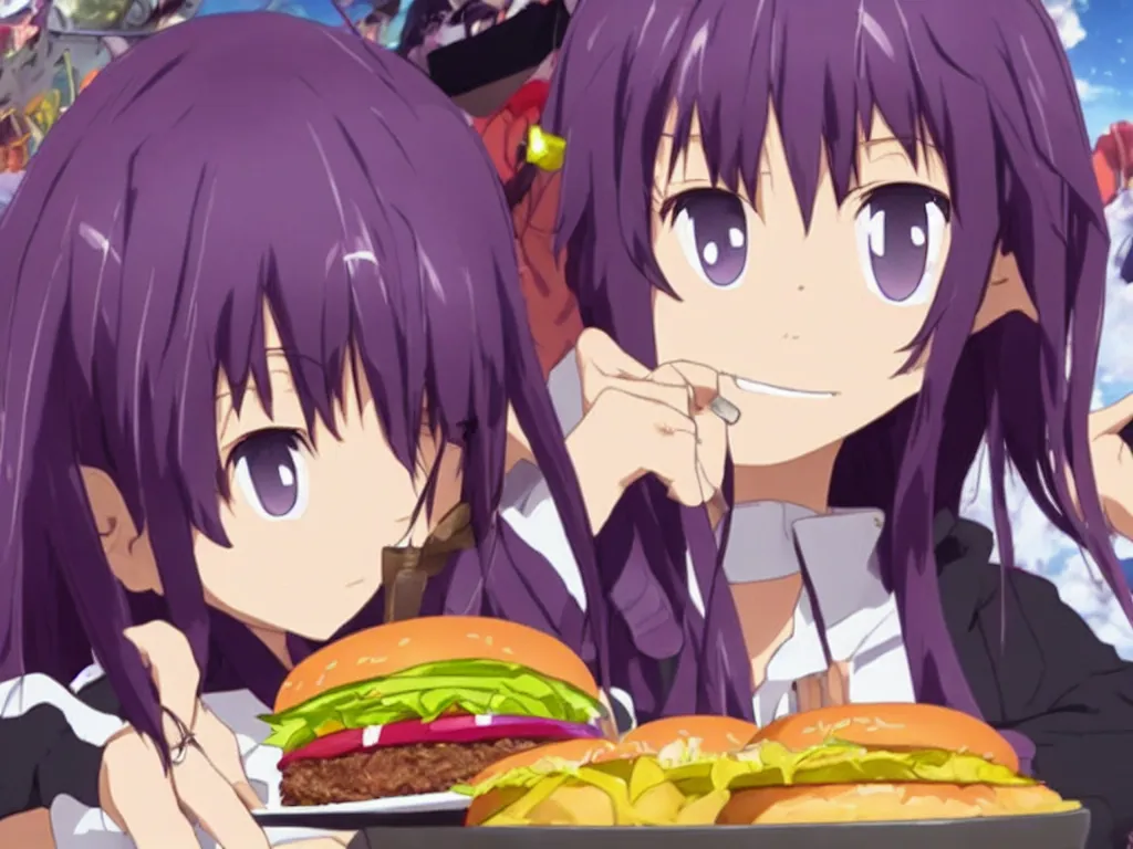 Image similar to yuuki konno from sword art online eating a big burger and being happy, purple hair, High Definition detail, 8K, anime