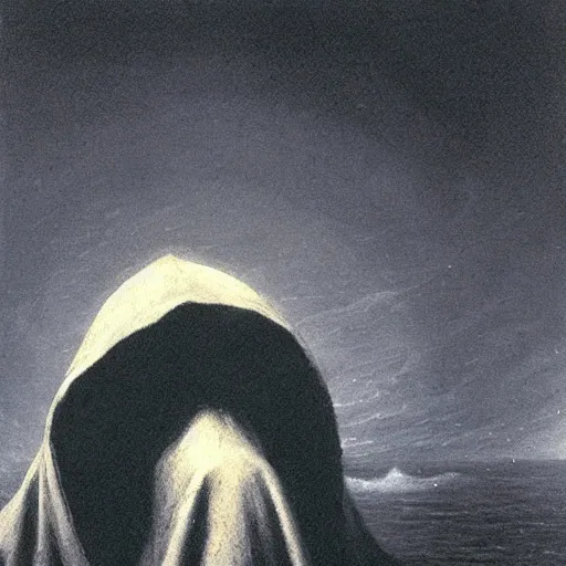 Image similar to a closeup of a hooded figure on a ferry in the underworld, charon, greek mythology, beksinski