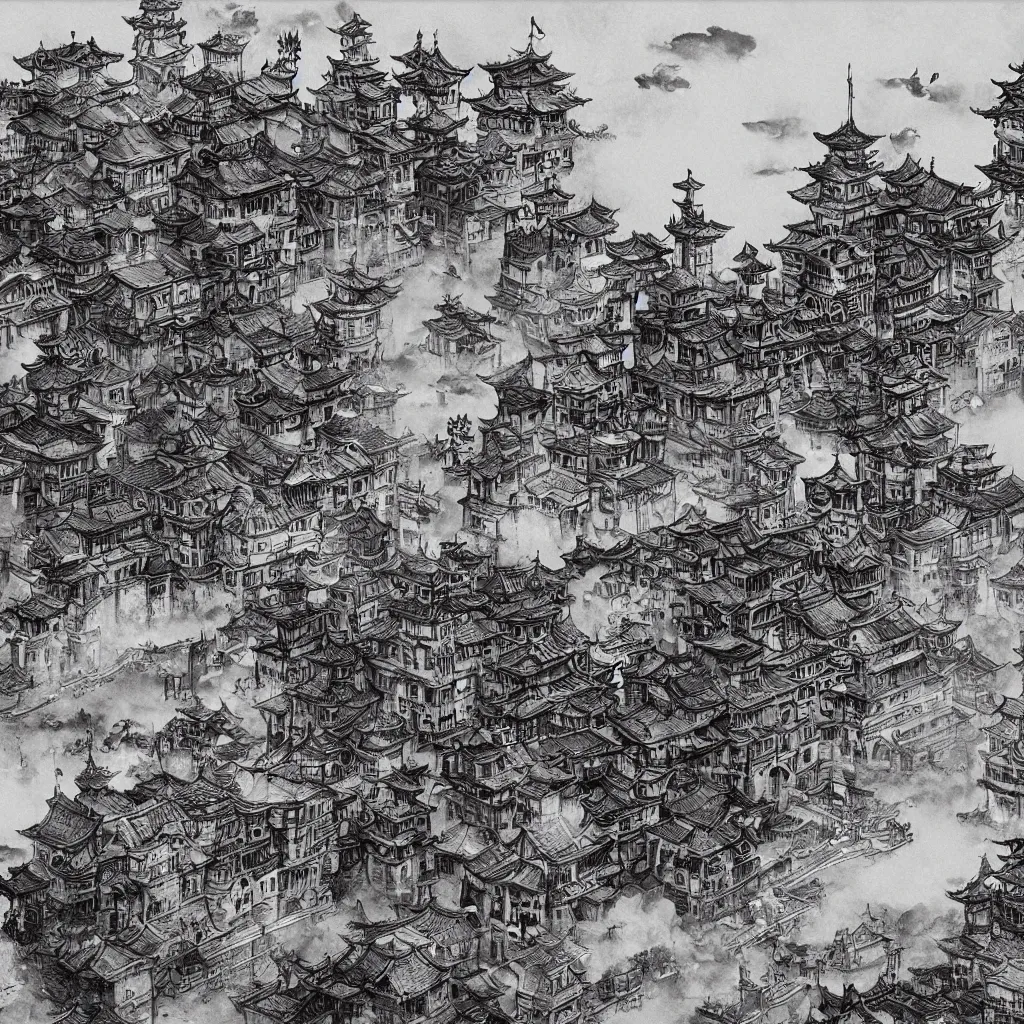 Prompt: Steampunk tank drives through medieval city, traditional Chinese ink painting style, highly detailed, artstation