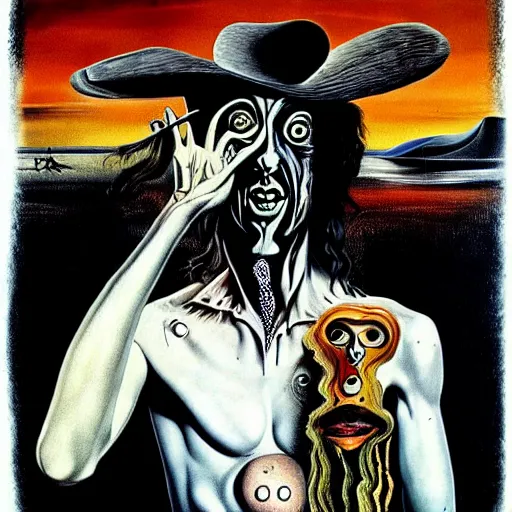 Image similar to graphic illustration, creative design, salvador dali as alice cooper, biopunk, francis bacon, highly detailed, hunter s thompson, concept art