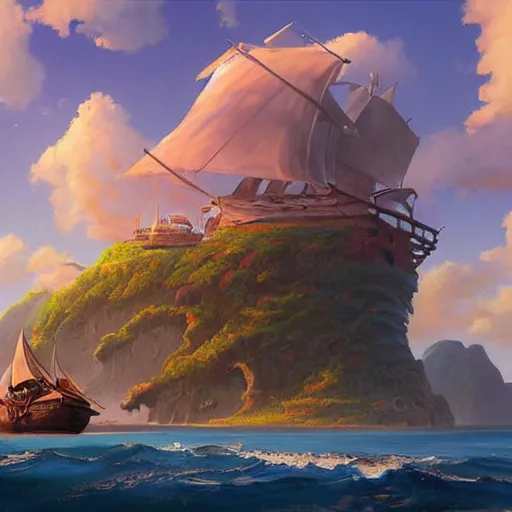 Image similar to a painting of an island with a pirate ship on it, a detailed matte painting by RHADS, cgsociety, fantasy art, matte painting, artstation hq, matte drawing, by makoto shinkai and Beeple Jorge Jacinto