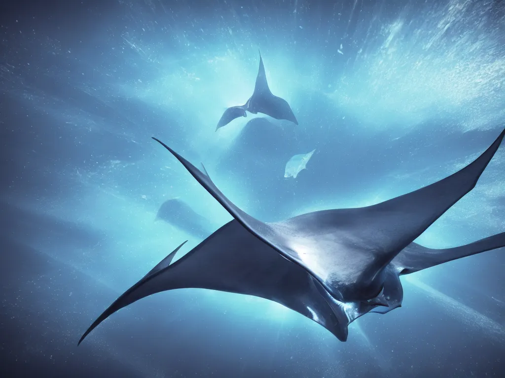 Image similar to giant manta ray in space, unreal engine 5, perspective 3 d octane render, cold blue color scheme!!!, by 8 k, light rays, lens flare, epic, hyperdetailed, trending on artstation