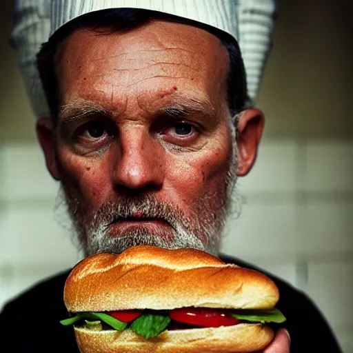 Image similar to closeup portrait baker constricted by a baguette as he tries to fight it back into the oven, by Steve McCurry and David Lazar, natural light, detailed face, CANON Eos C300, ƒ1.8, 35mm, 8K, medium-format print