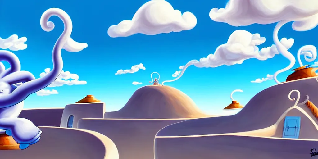 Image similar to cartoon concept art, clean blue sky, spiral cirrus clouds, from sam and max