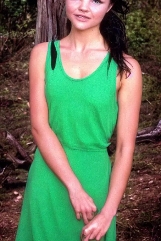 Image similar to fantasy character photo. facial expression of manic obsessive love. danielle campbell. black hair in ponytail. bright blue eyes. tall, lanky, athletic, wiry, slightly muscular. sleeveless light green dress. gleefully telling a bs story full of lies