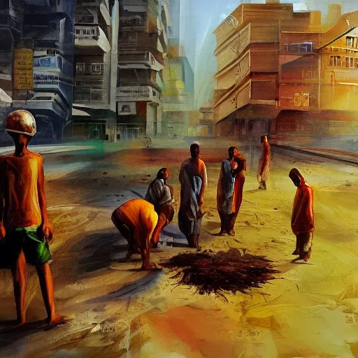 Image similar to an oil painting of a oil being worshipped my millions in Dhaka city, concept art